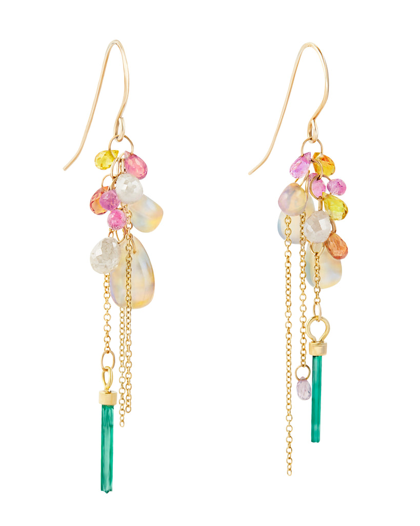 Diamond, Emerald, Sapphire and Opal Cluster Earrings in 18k Gold