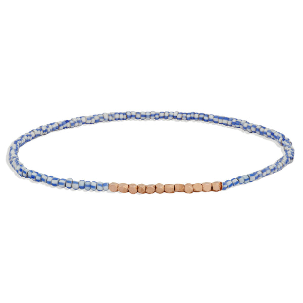 Men's Blue and White Beaded Bracelet with Rose Gold