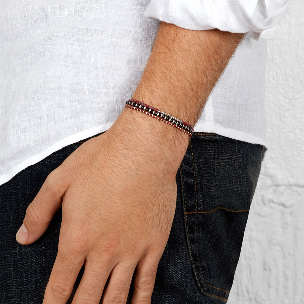 Men's Black Beaded Bracelet with Silver