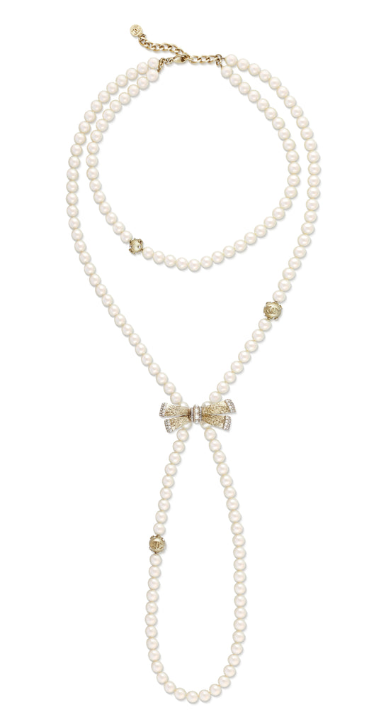 Vintage Chanel Double Strand Faux Pearl and Bow Station Necklace, 2006