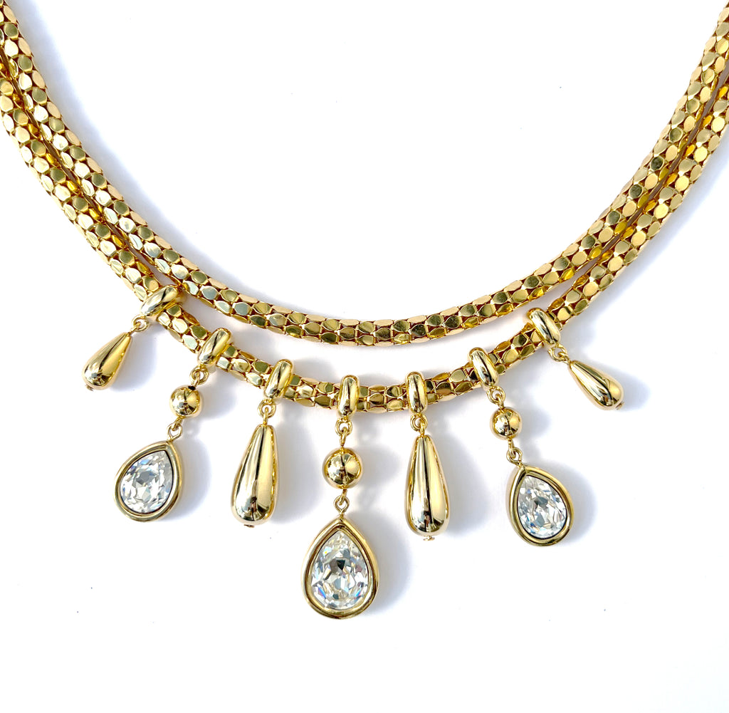 Vintage Givenchy Double Snake Chain Necklace with Crystal Drops, 1990s
