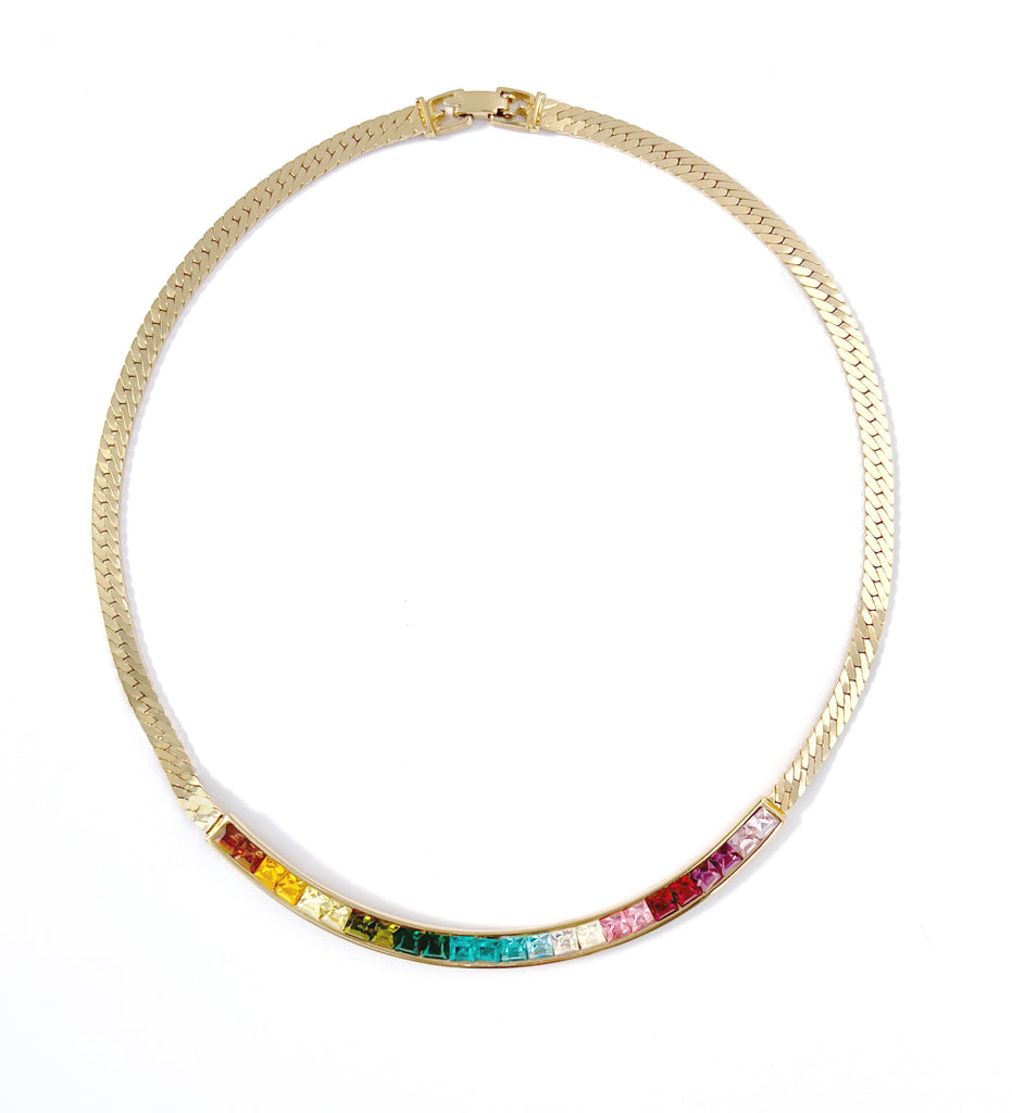 Vintage Givenchy Rainbow Ombre Crystal Herringbone Chain Necklace, 1990s