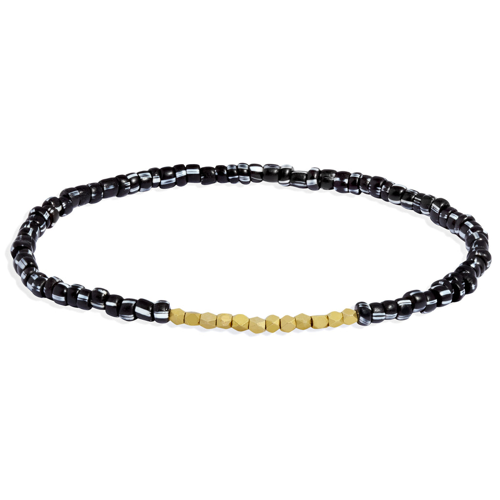 Men's Black and White Beaded Bracelet with Yellow Gold